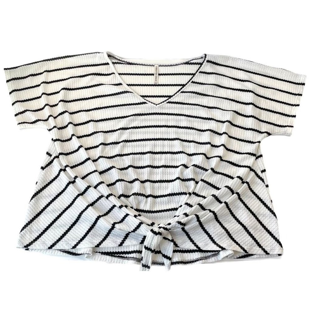 Forgotten Grace Womens Blouse White Black Stripe Shirt Top Knotted VNeck Plus 2X